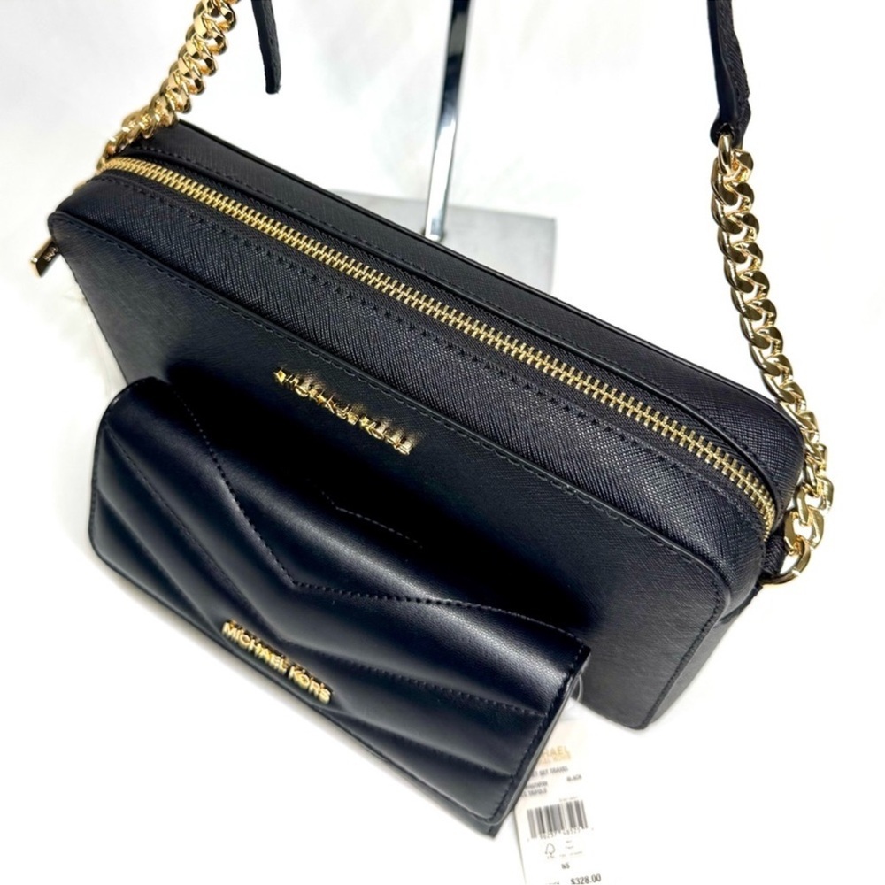 Michael Kors Large Logo Crossbody Bag & Matching Quilted Trifold Wallet Black - Picture 8 of 11